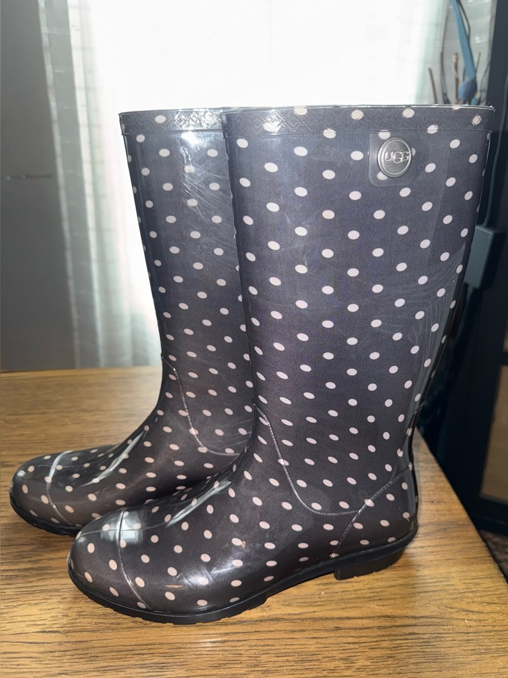 UGG Black Rain Boots with Light Pink Polka Dots